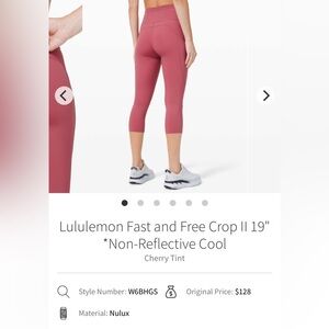 Lululemon Cherry Tint Crop Fast and Free Leggings 19 inch